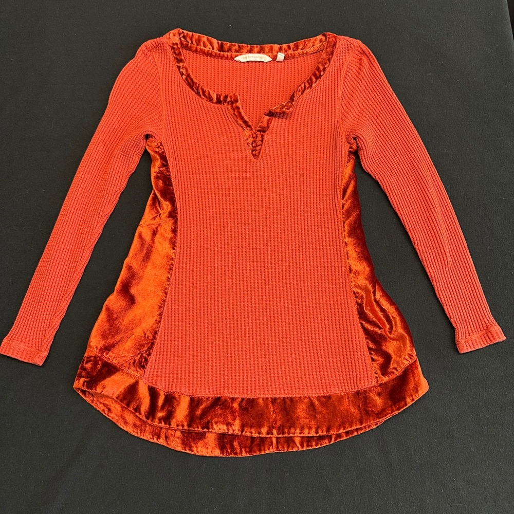 Soft Surroundings Waffle Knit Velvet Trim Tunic Top Rust Orange Small 2CT02